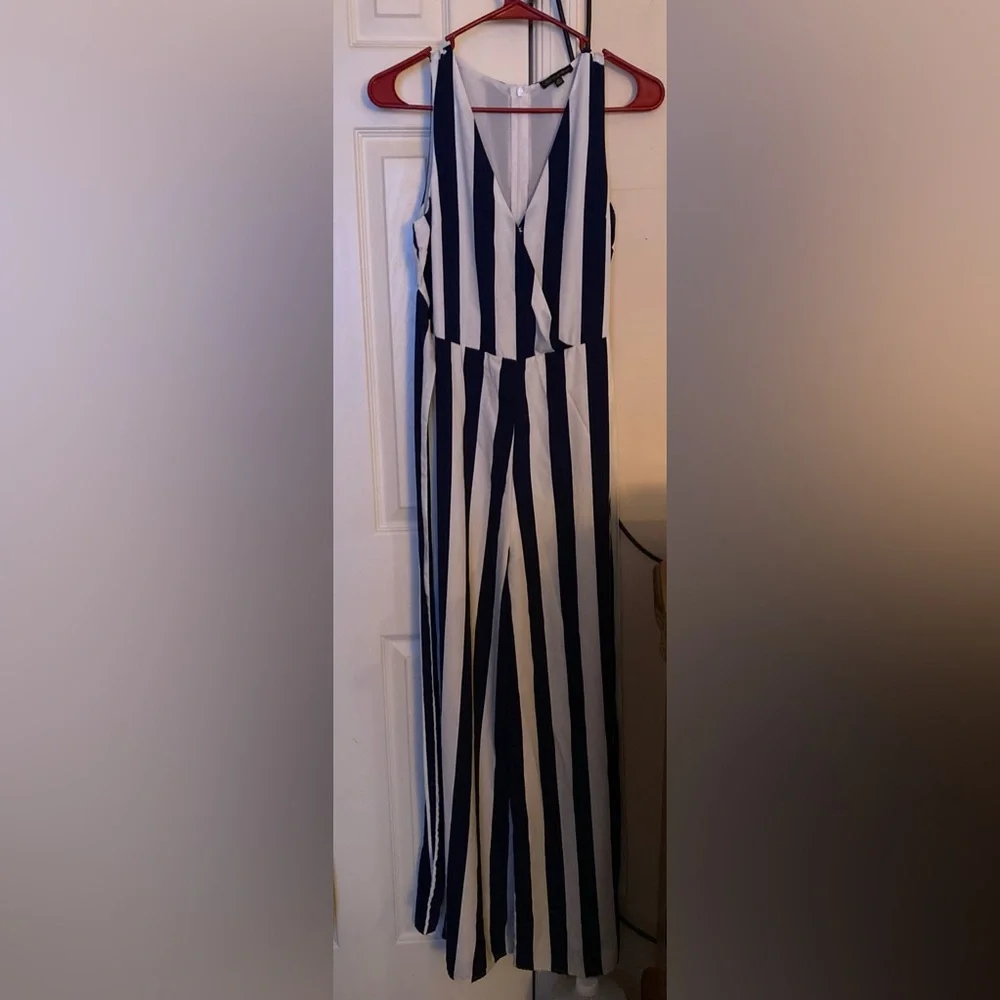 Shinestar NAVY and White Striped Jumpsuit with Bust Button and Zipper - Picture 3 of 5